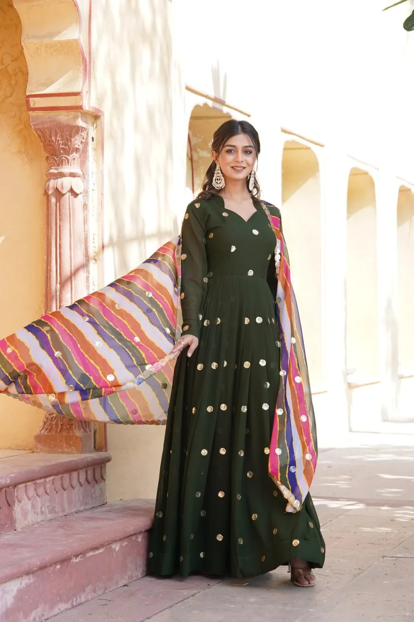 Green Premium Designer Readymade Gown with Embroidered Zari & Sequins