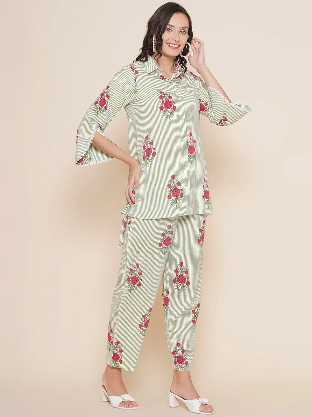 Green Striped Floral Print Kurta With Palazzos