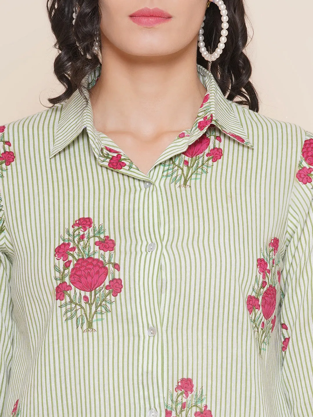 Green Striped Floral Print Kurta With Palazzos