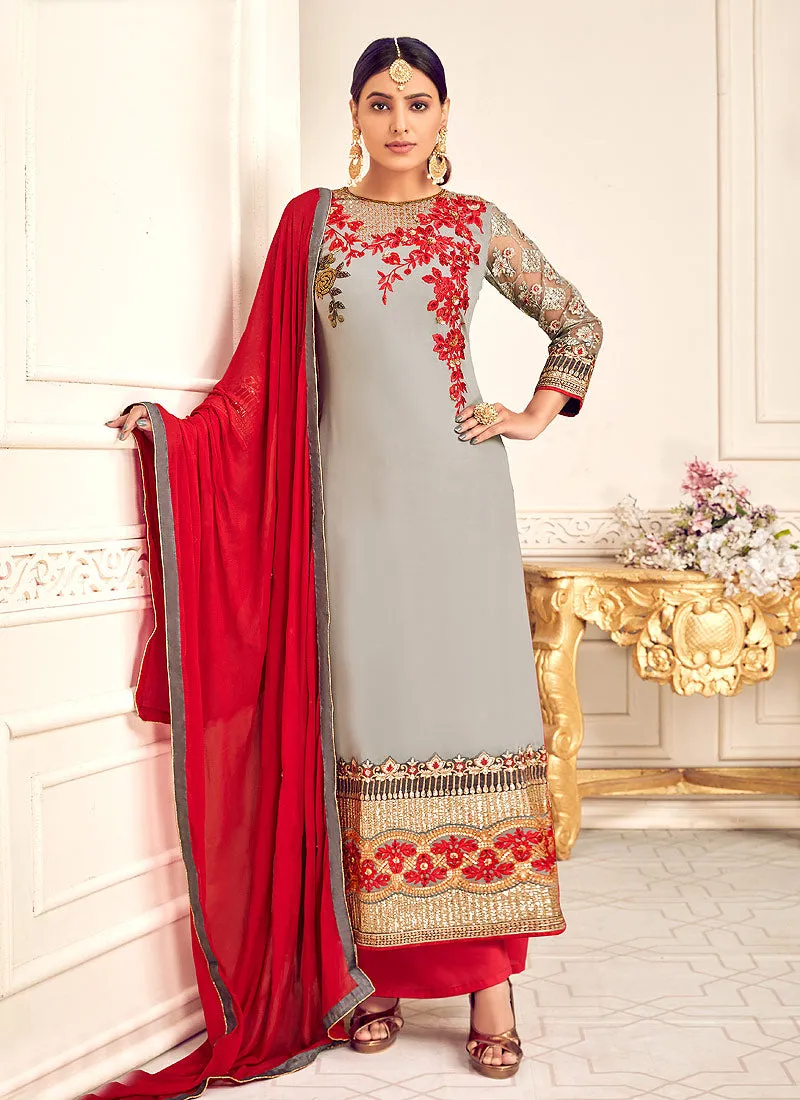 Grey and Red Pakistani Palazzo Suit