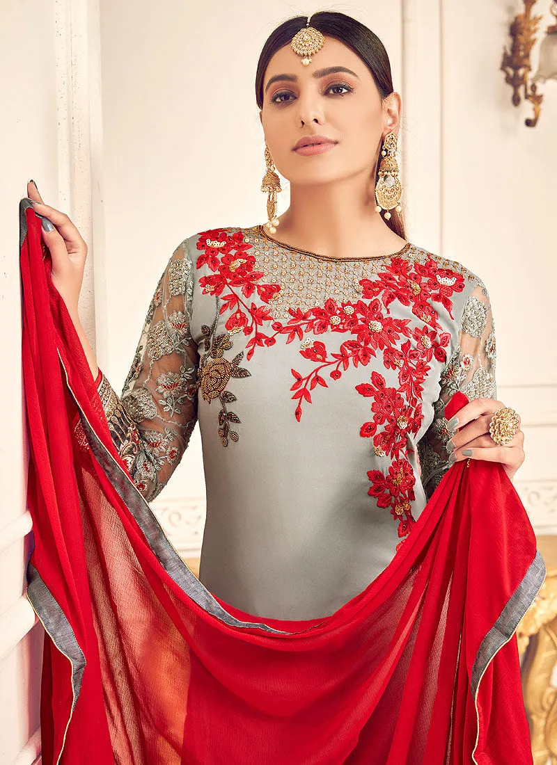 Grey and Red Pakistani Palazzo Suit