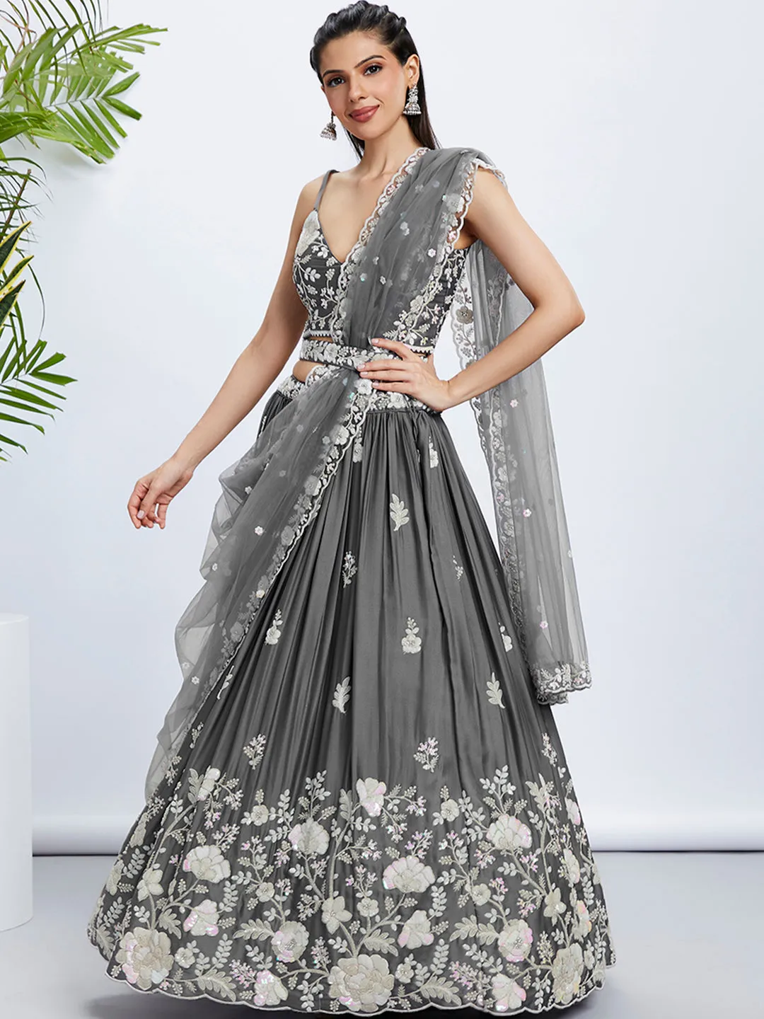 Grey Sequinned Lehenga Choli Set with Thread Embroidery