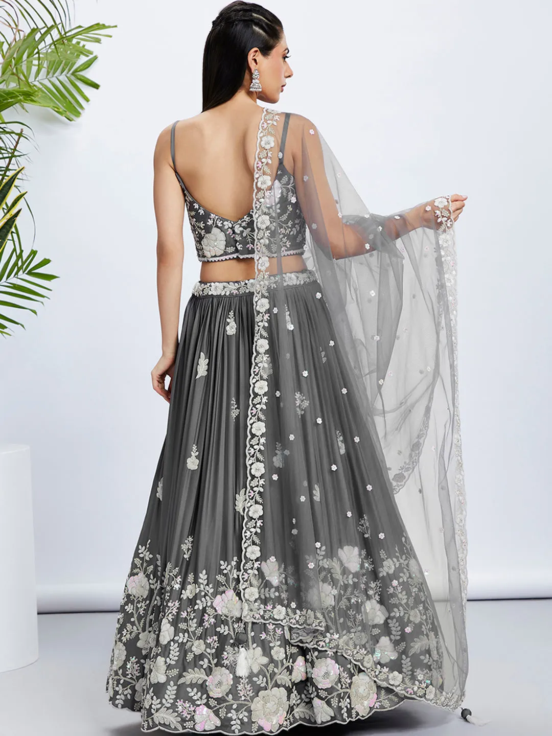 Grey Sequinned Lehenga Choli Set with Thread Embroidery