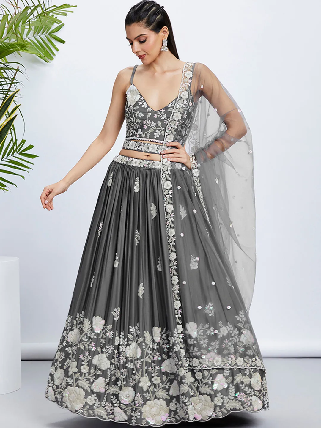 Grey Sequinned Lehenga Choli Set with Thread Embroidery