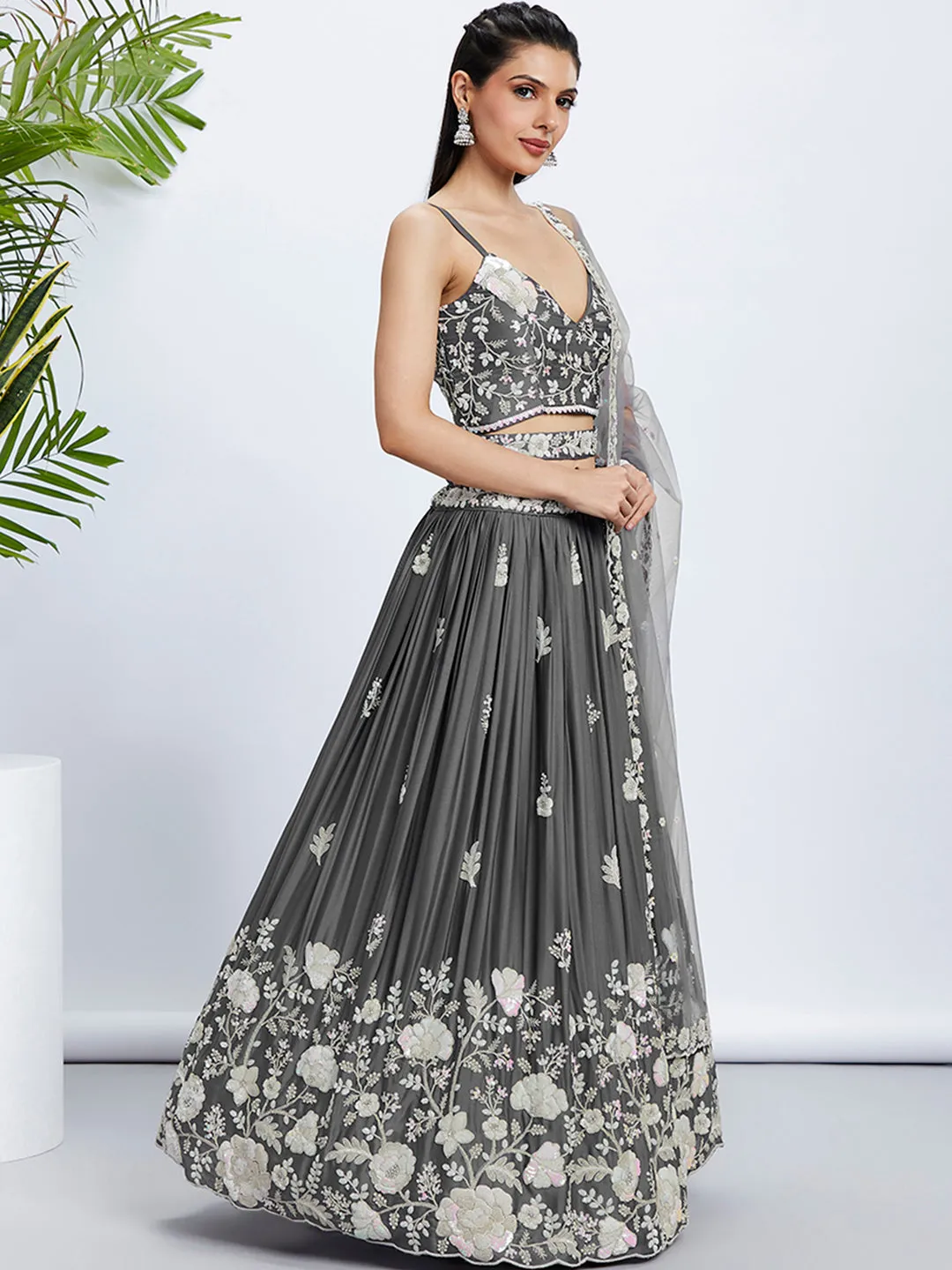 Grey Sequinned Lehenga Choli Set with Thread Embroidery