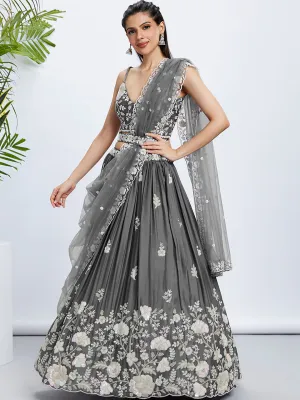 Grey Sequinned Lehenga Choli Set with Thread Embroidery