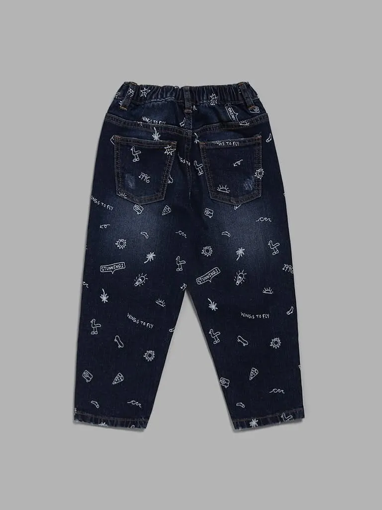 HOP Kids Printed Indigo Relaxed - Fit Mid - Rise Denim Jeans