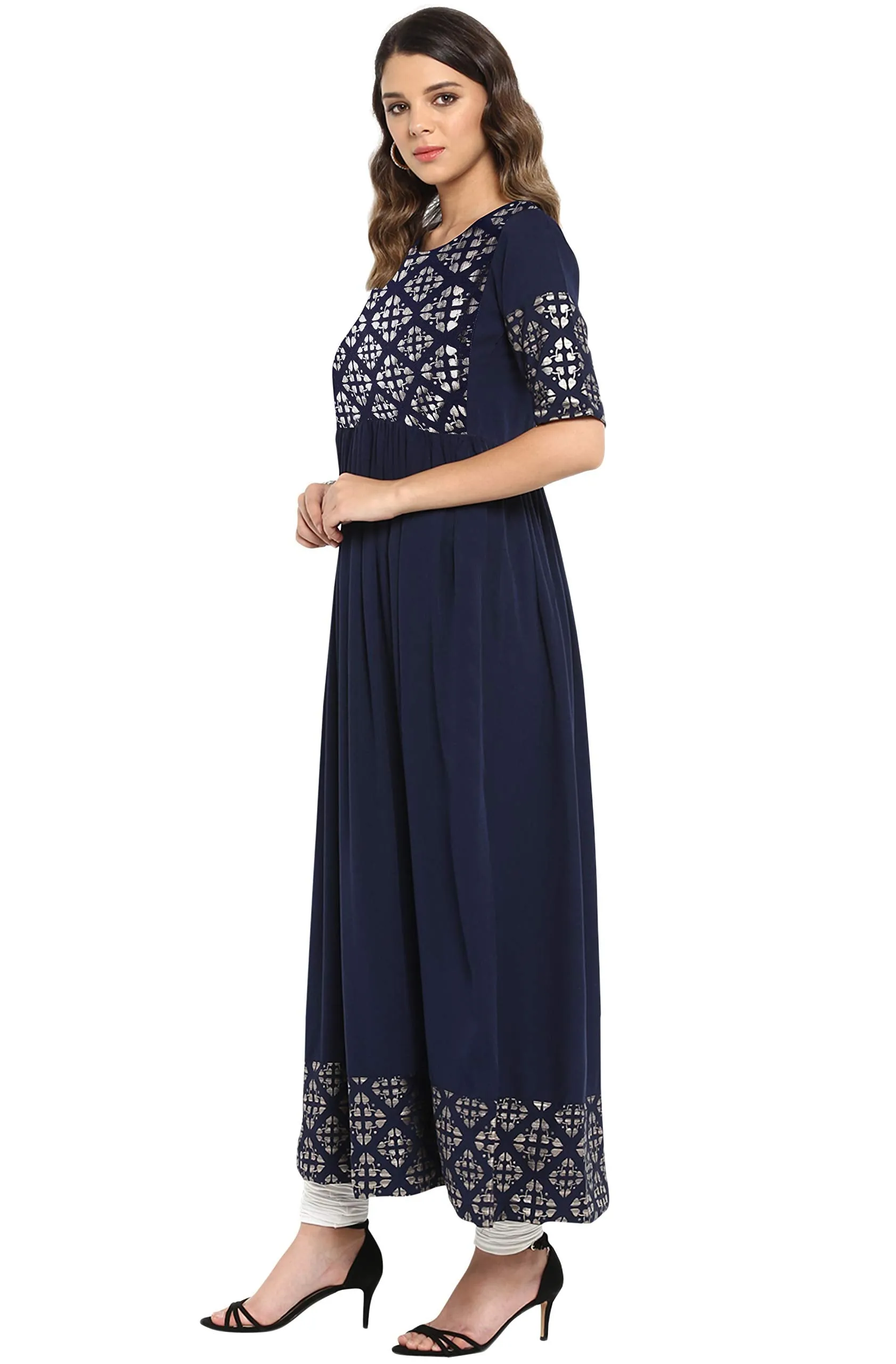 Janasya Women's Poly Crepe Foil Print Flared Kurta Navy Blue