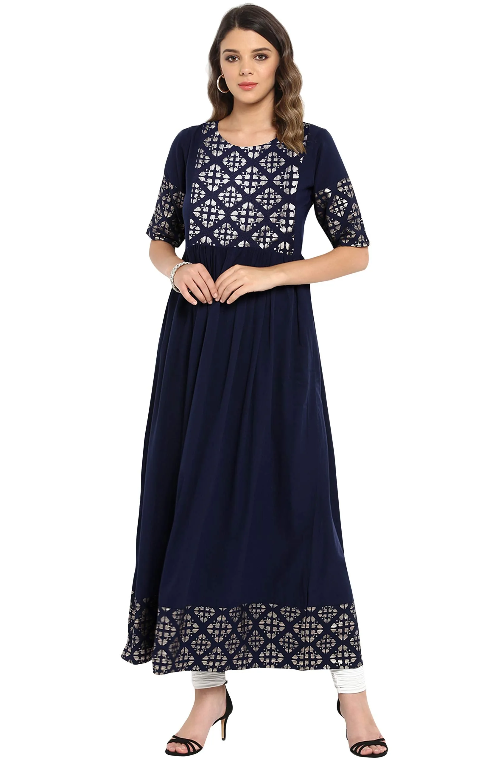 Janasya Women's Poly Crepe Foil Print Flared Kurta Navy Blue