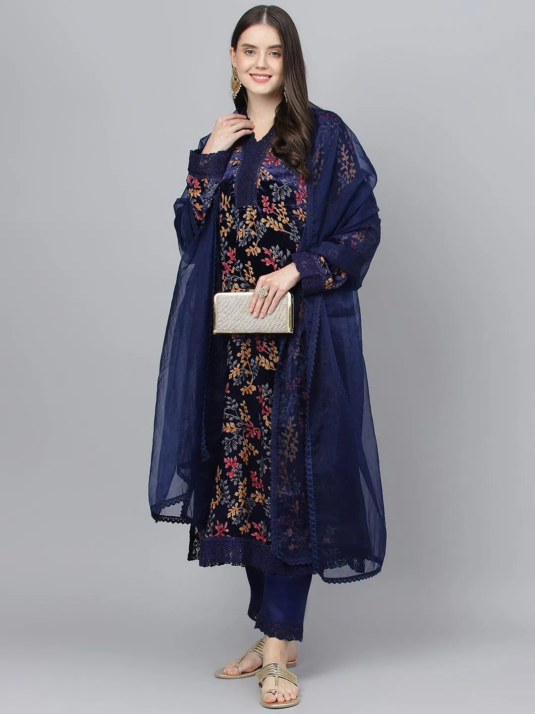 Jashvi Blue Floral Burn Out Velvet Kurta pant With Organza Dupatta set