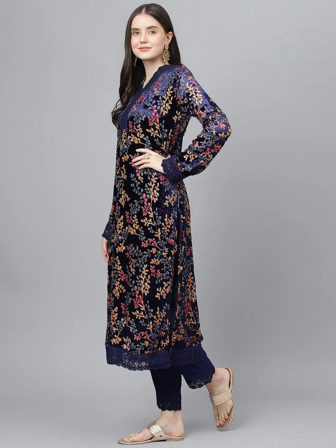 Jashvi Blue Floral Burn Out Velvet Kurta pant With Organza Dupatta set