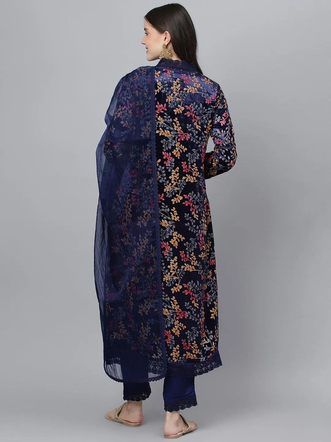 Jashvi Blue Floral Burn Out Velvet Kurta pant With Organza Dupatta set