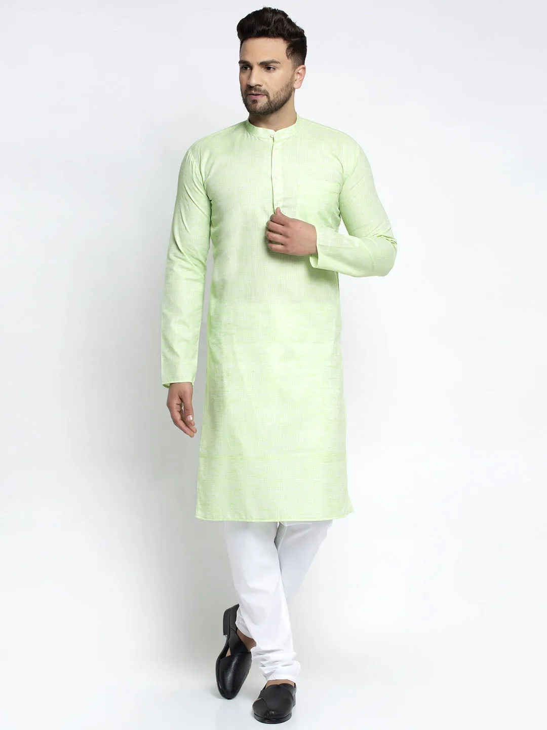 Jashvi Men Green & White Self Design Kurta with Pyjamas