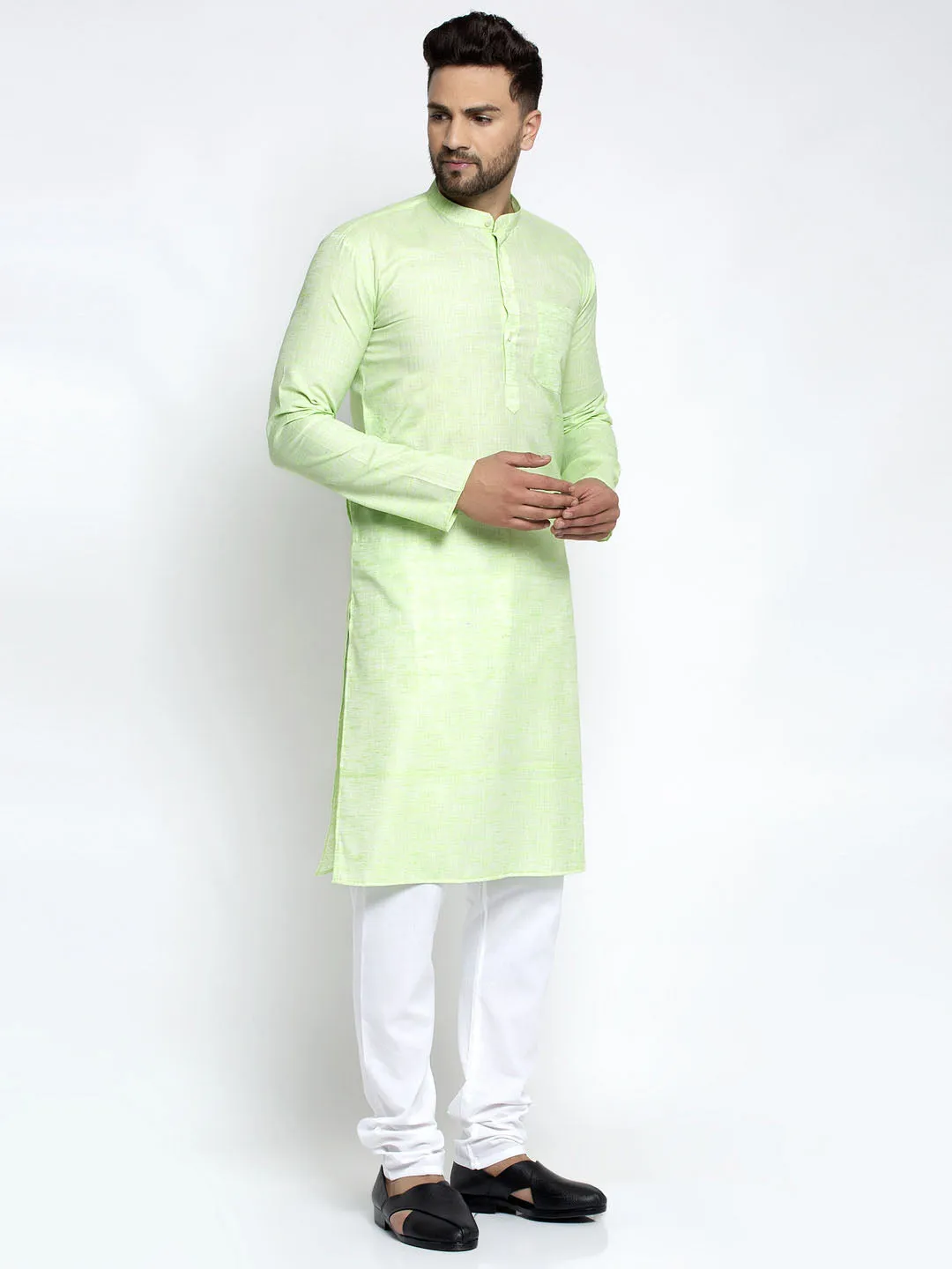 Jashvi Men Green & White Self Design Kurta with Pyjamas