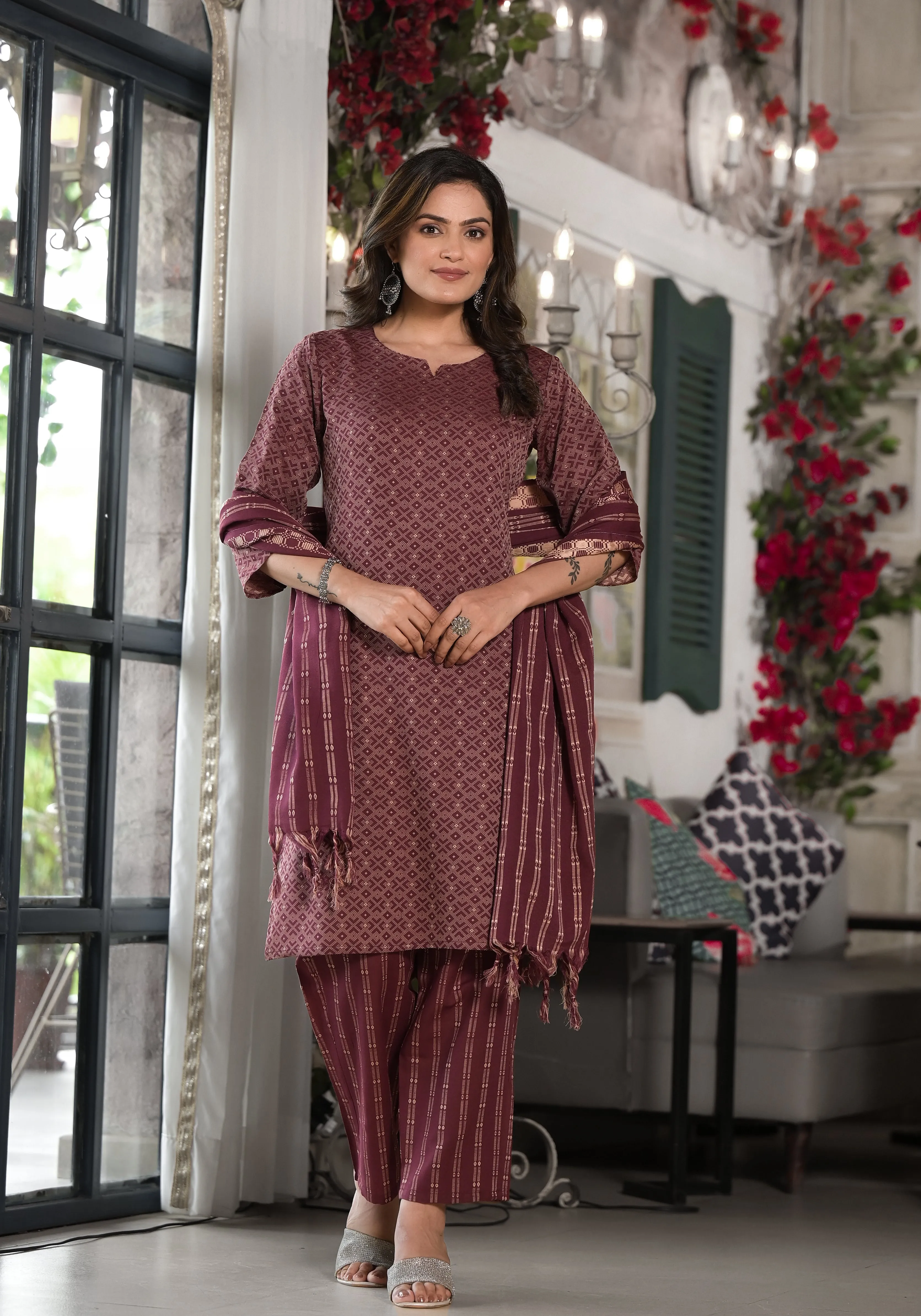 Jashvi Plum Geometric Printed Cotton Kurta, Pant  With Tassels On Dupatta