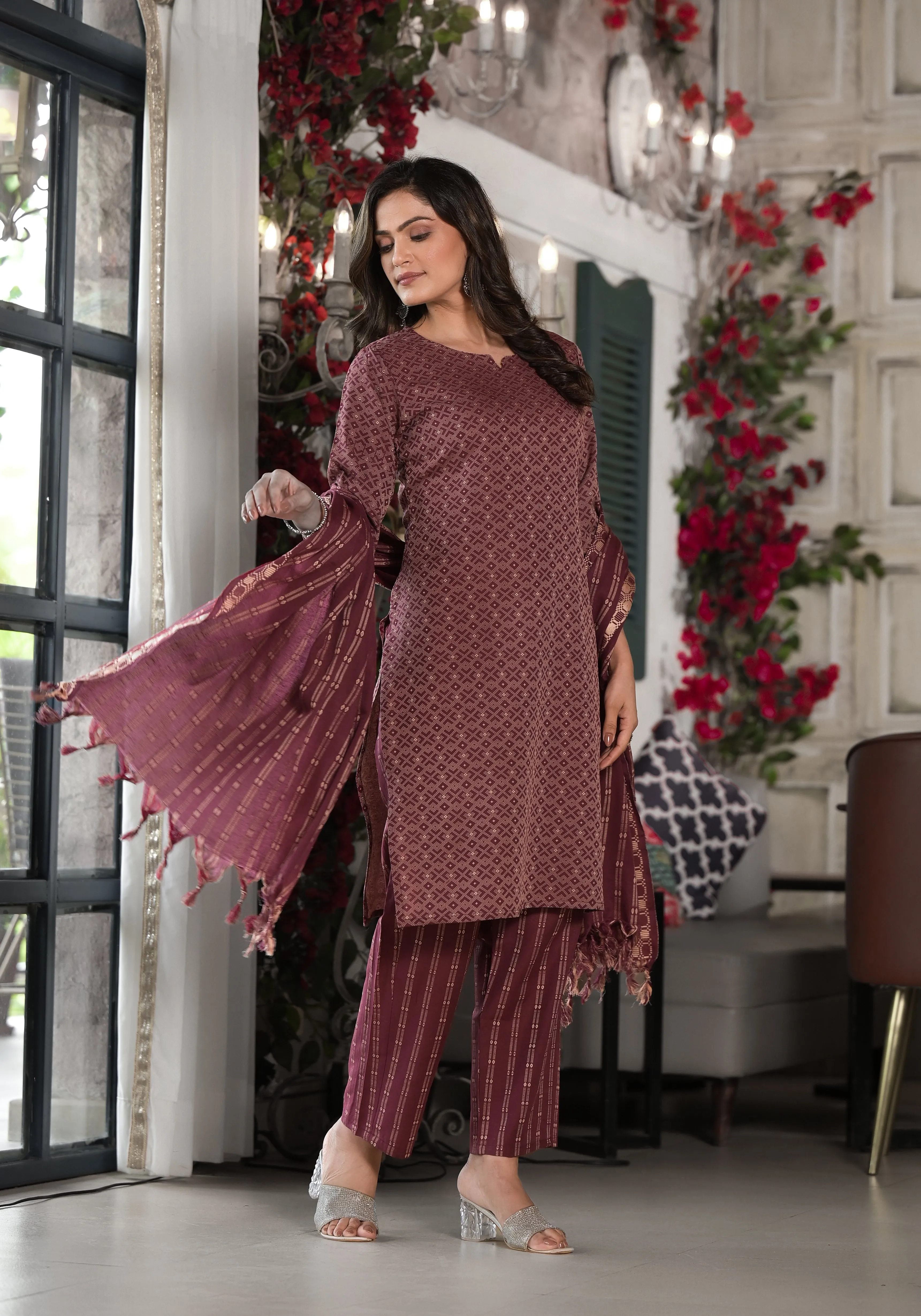 Jashvi Plum Geometric Printed Cotton Kurta, Pant  With Tassels On Dupatta