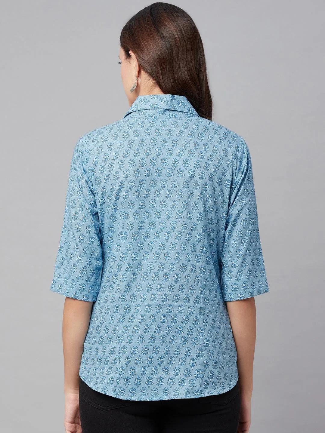 Jashvi Sky Blue Block Printed Casual Women Shirts