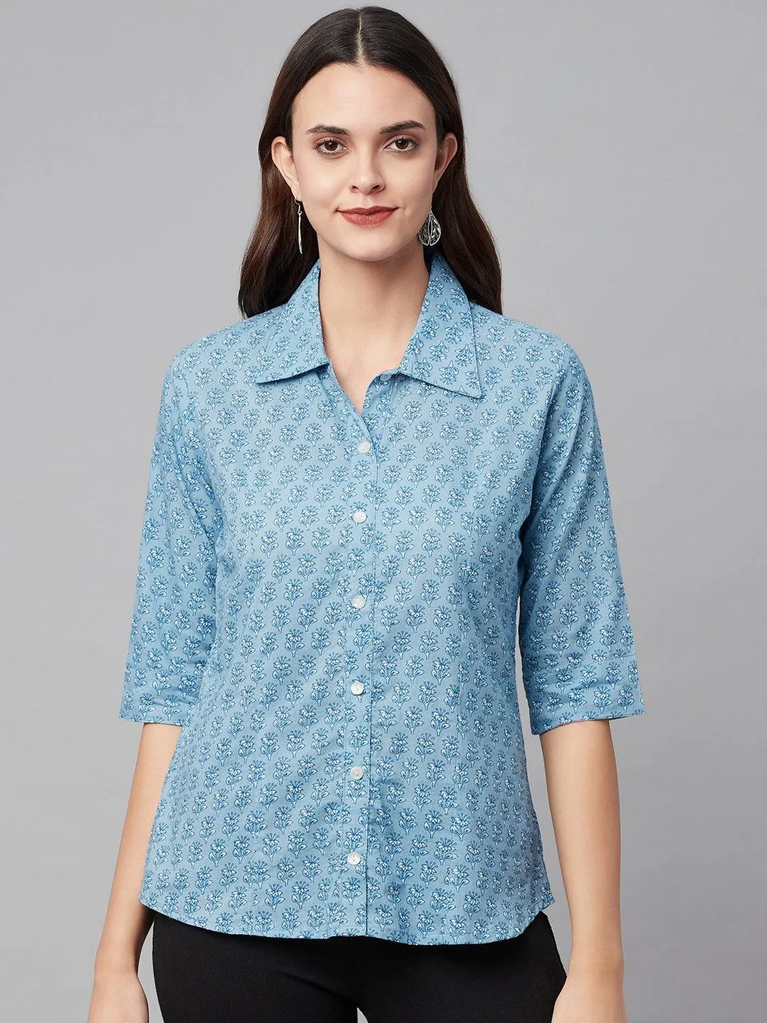 Jashvi Sky Blue Block Printed Casual Women Shirts