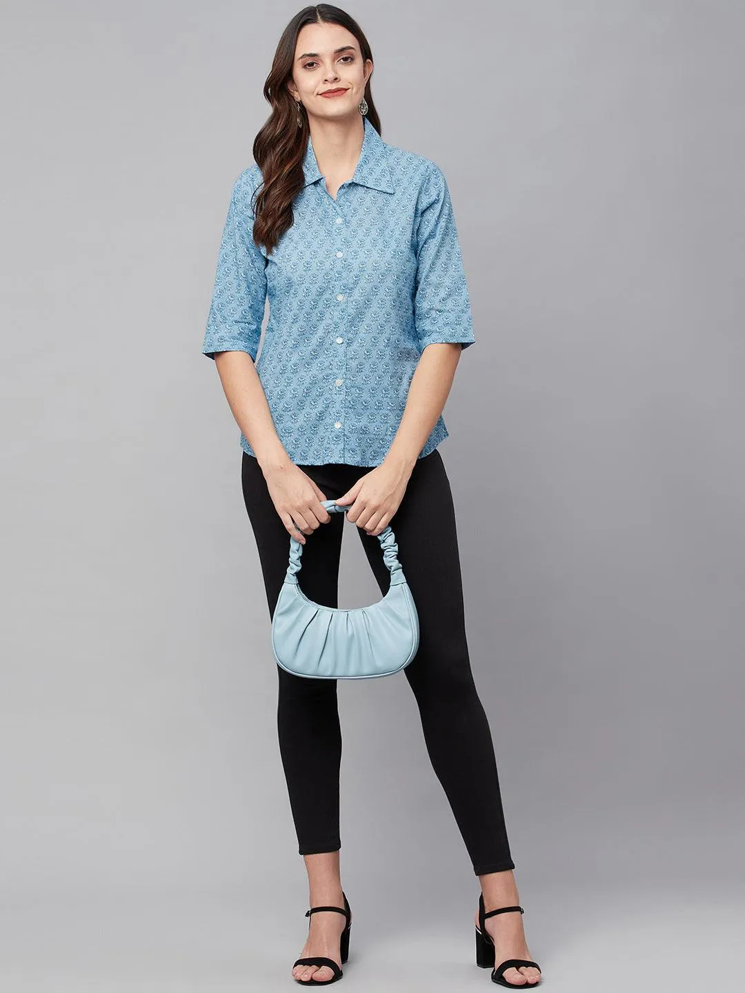 Jashvi Sky Blue Block Printed Casual Women Shirts