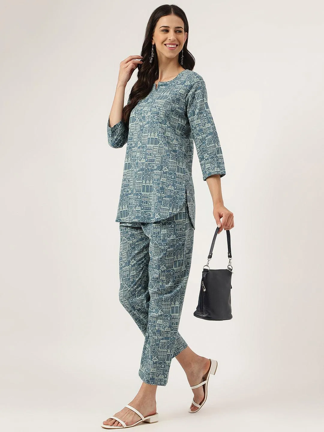 Jashvi Teal Blue Printed Loungewear/Nightwear