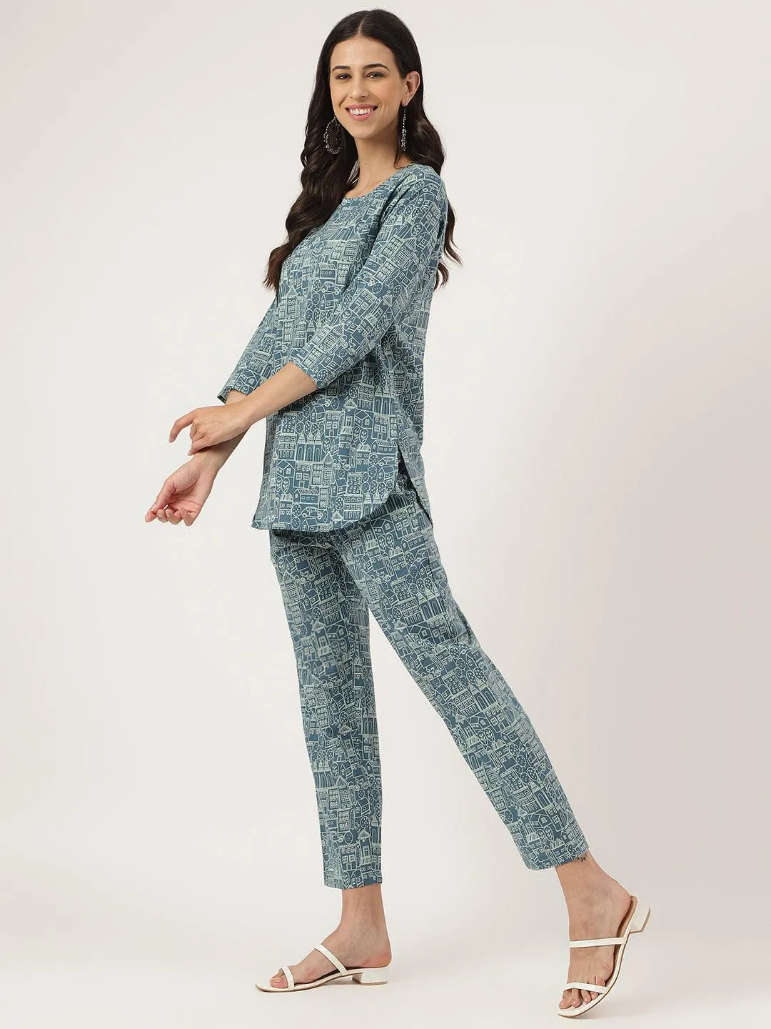 Jashvi Teal Blue Printed Loungewear/Nightwear