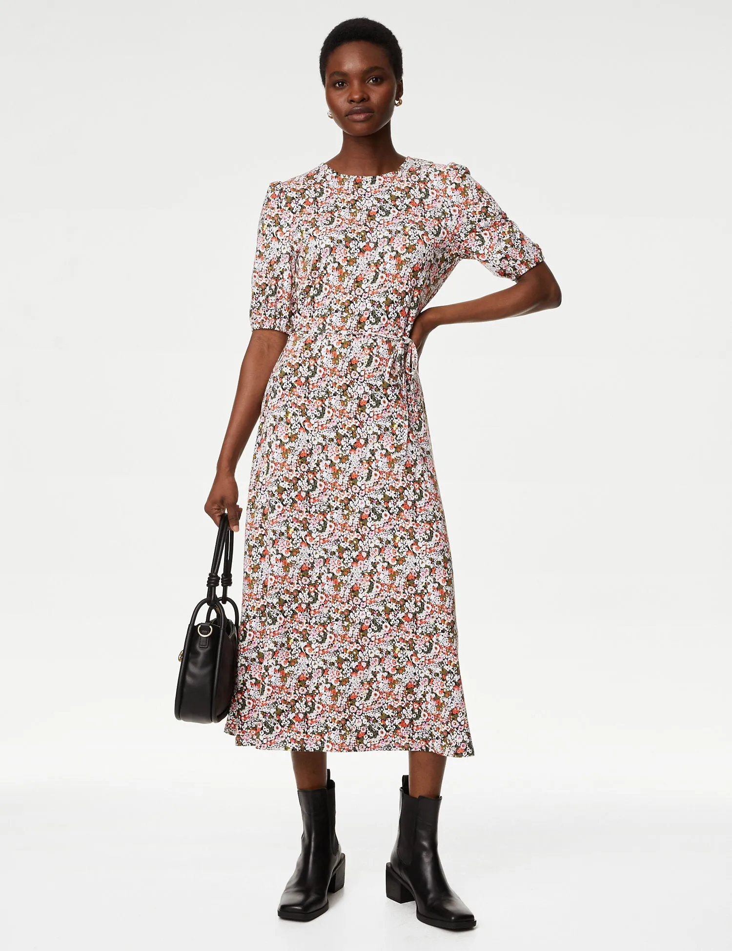 Jersey Printed Belted Midi Tea Dress