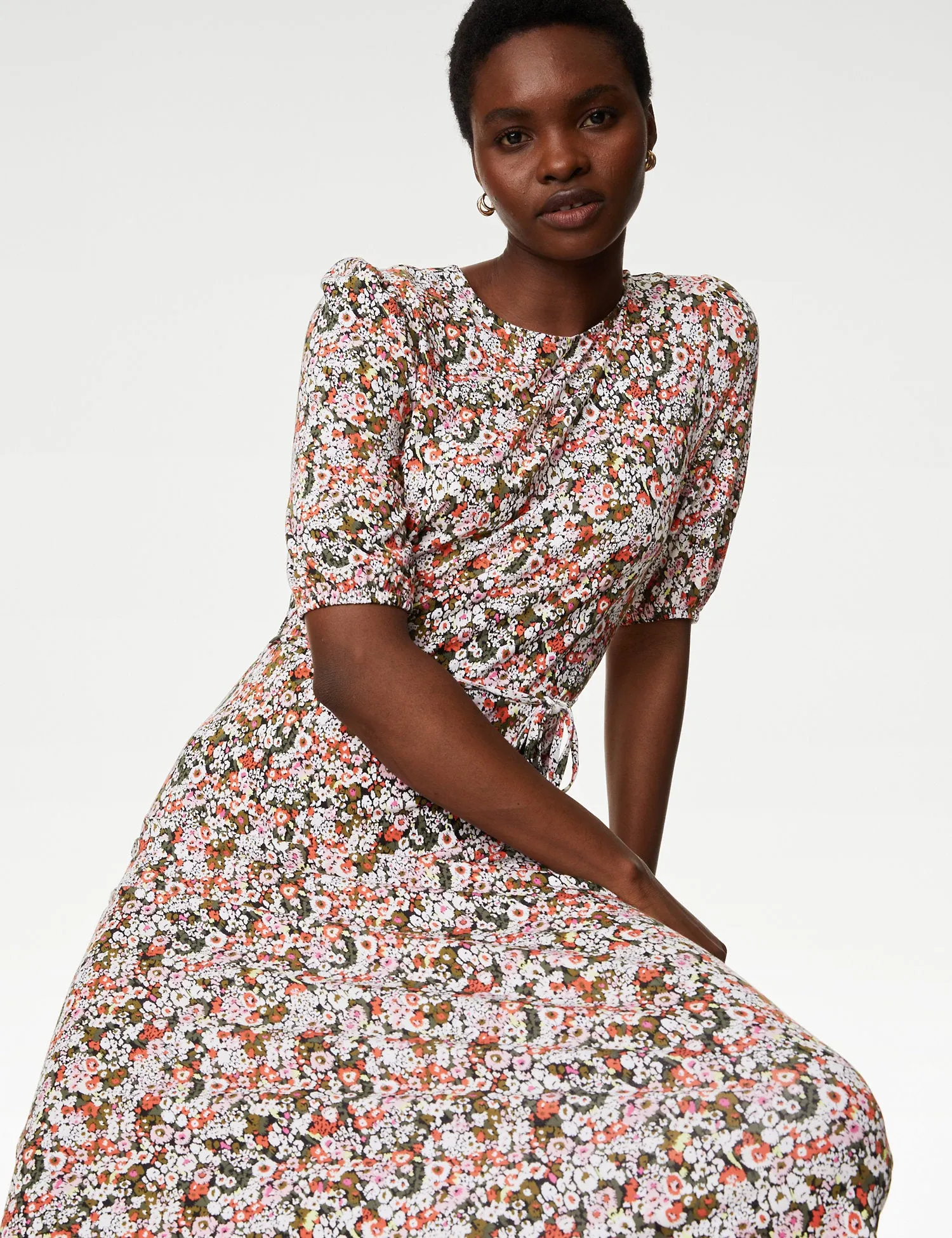 Jersey Printed Belted Midi Tea Dress