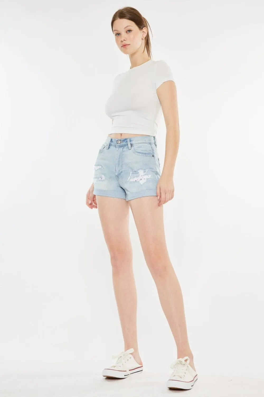 Kancan High Rise Repaired Mom Denim Shorts