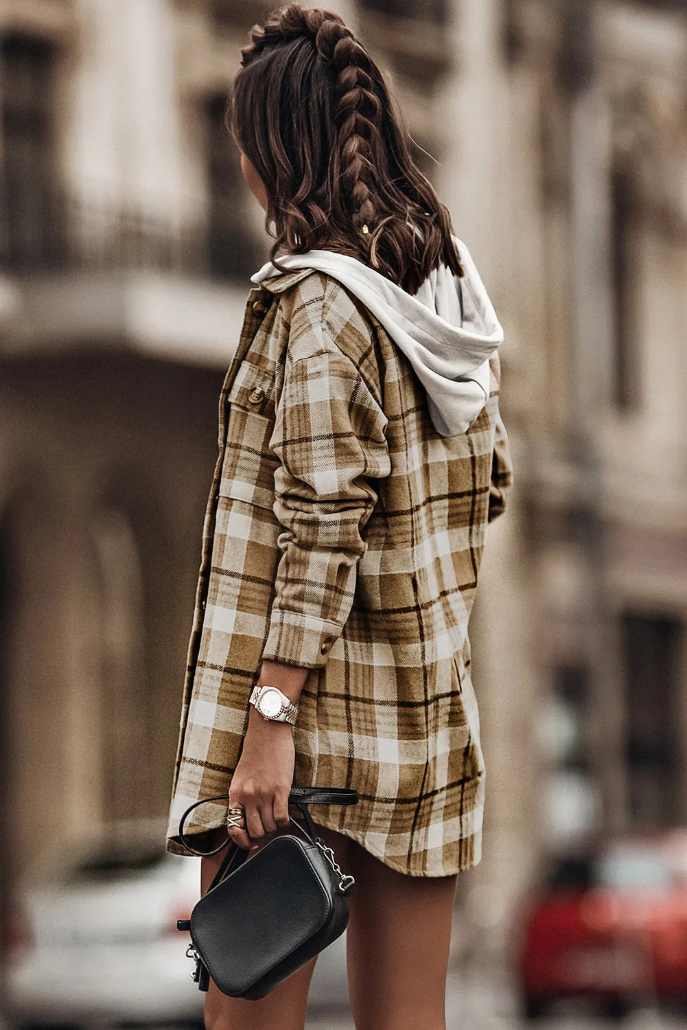 Khaki Khaki Plaid Shirt Hooded Jacket