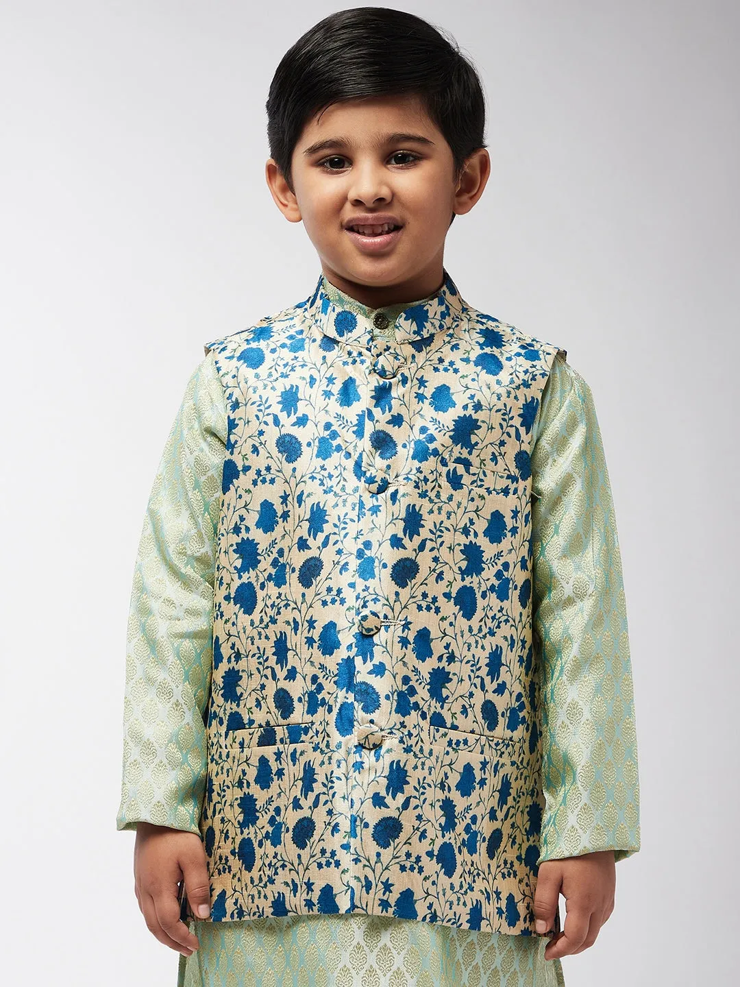 Kid's Silk Blend Blue Printed ONLY Nehru Jacket - Sojanya KID