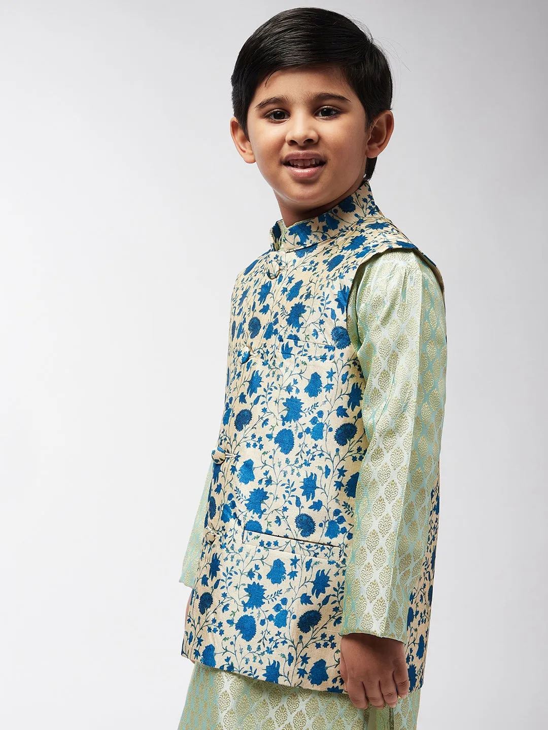 Kid's Silk Blend Blue Printed ONLY Nehru Jacket - Sojanya KID