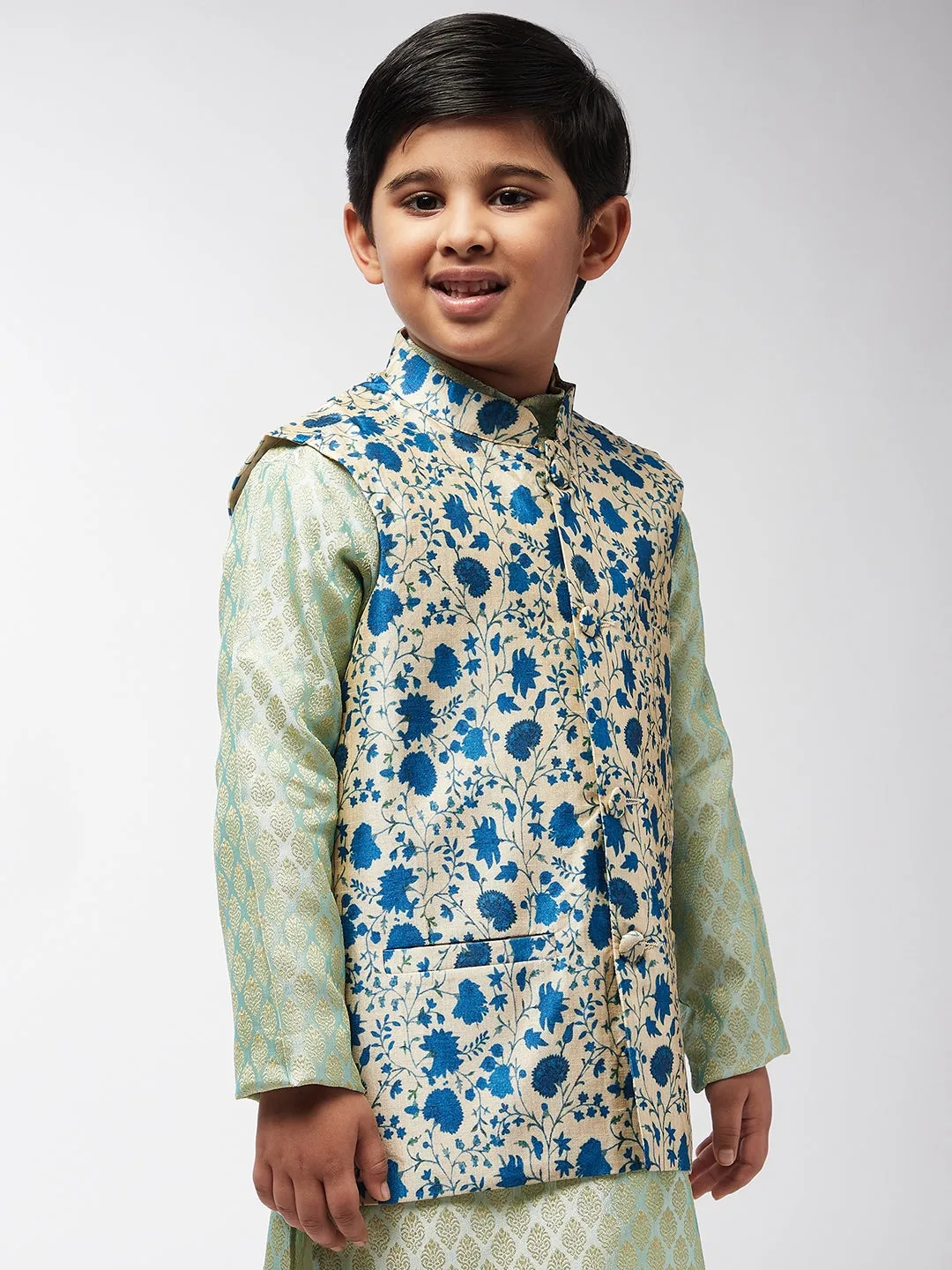 Kid's Silk Blend Blue Printed ONLY Nehru Jacket - Sojanya KID