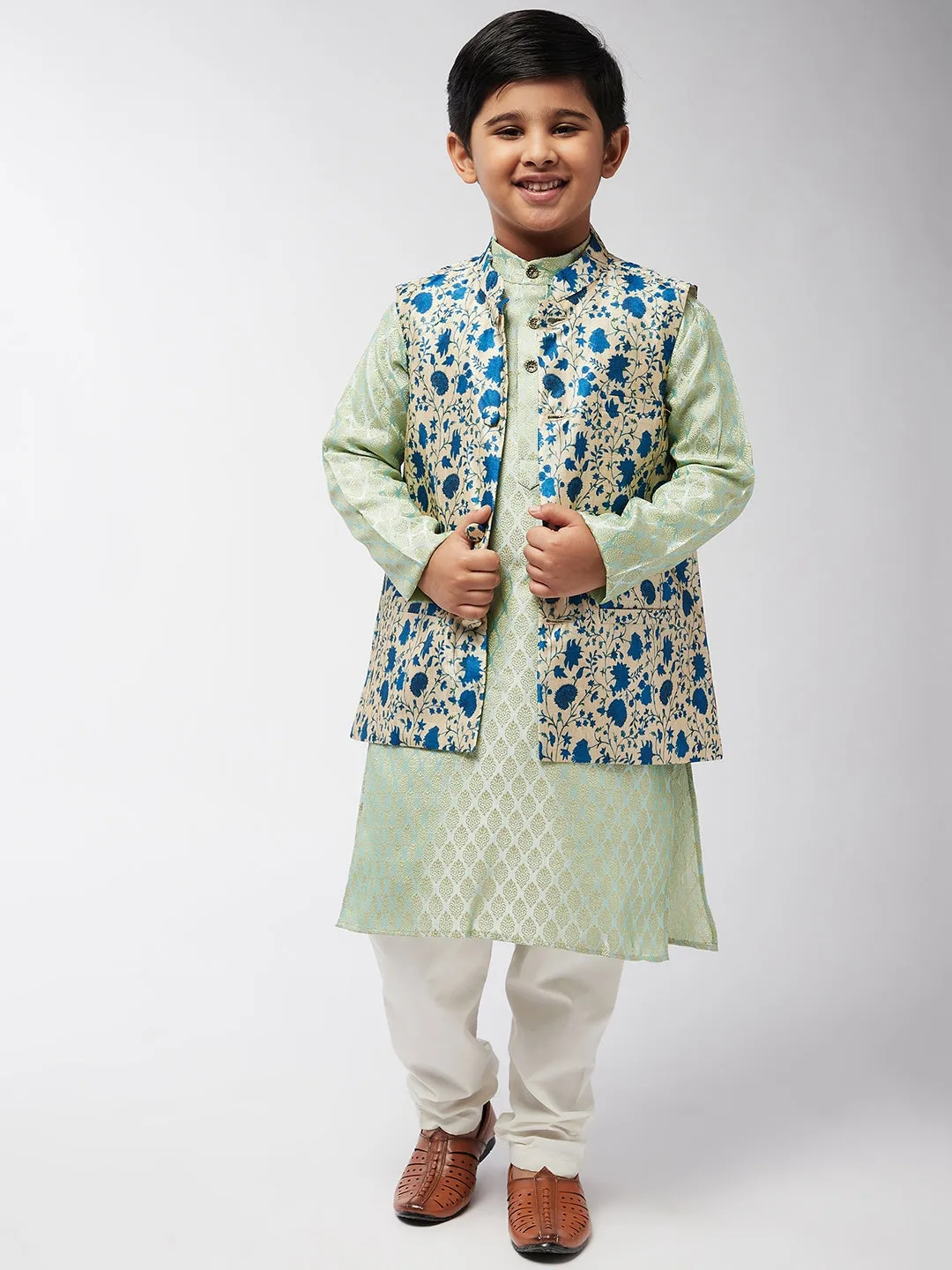 Kid's Silk Blend Blue Printed ONLY Nehru Jacket - Sojanya KID