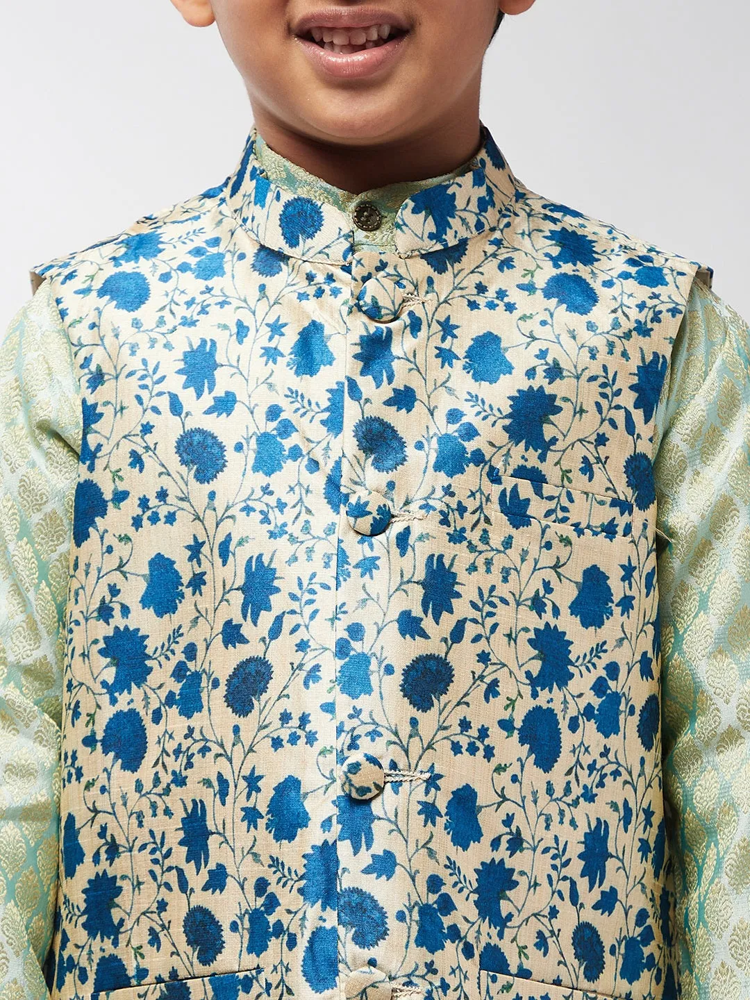 Kid's Silk Blend Blue Printed ONLY Nehru Jacket - Sojanya KID