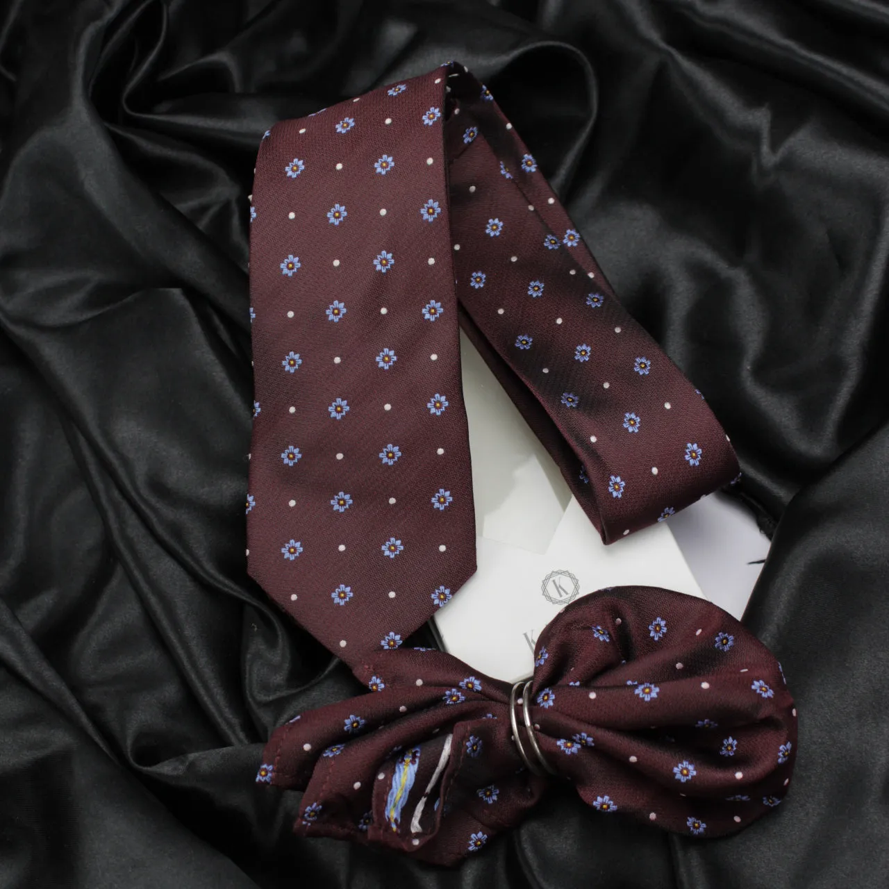 Kovove The Floral Polka Fusion Maroon Necktie and Pocket Square Gift Box