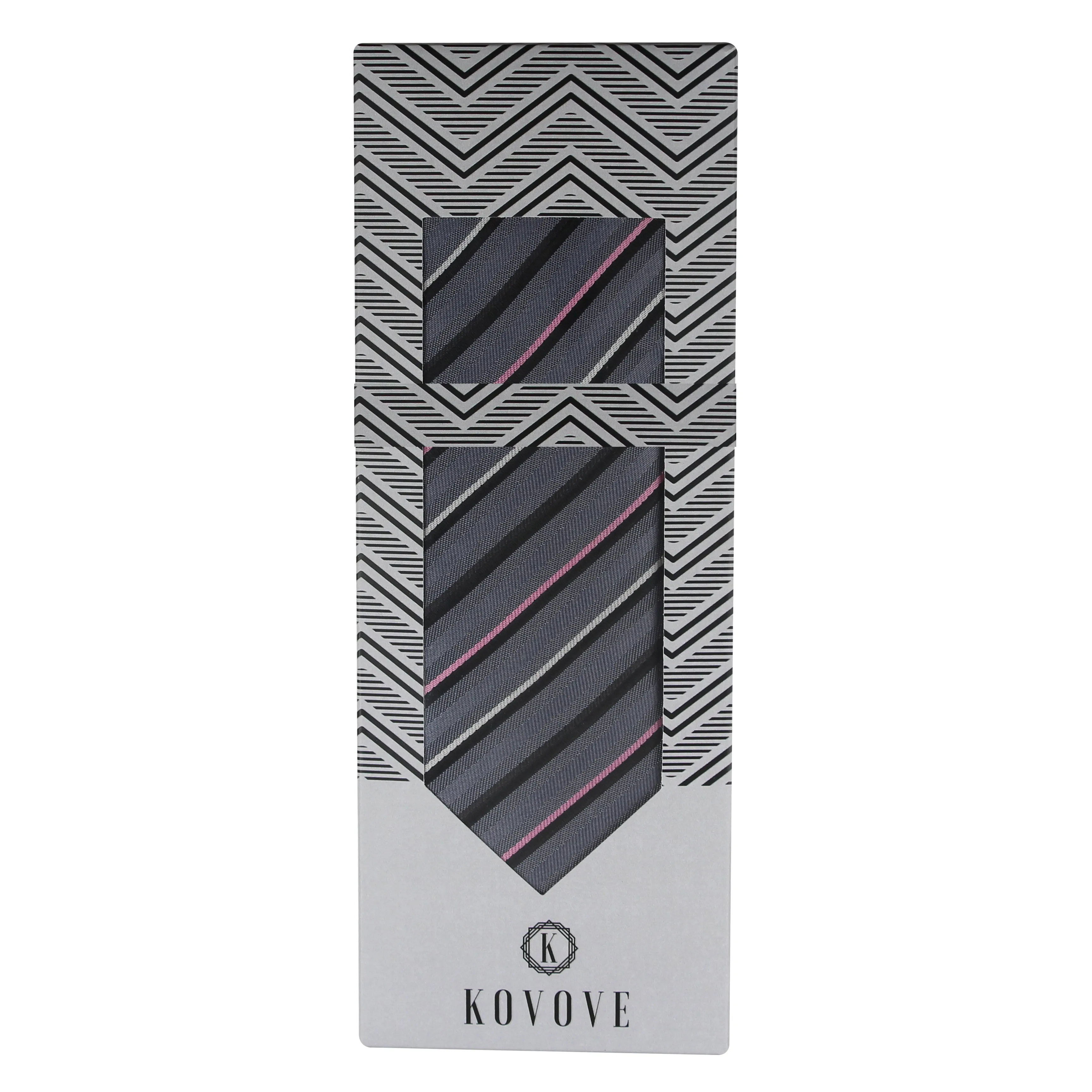 Kovove The Striped Spellbound Grey Necktie and Pocket Square Gift Box