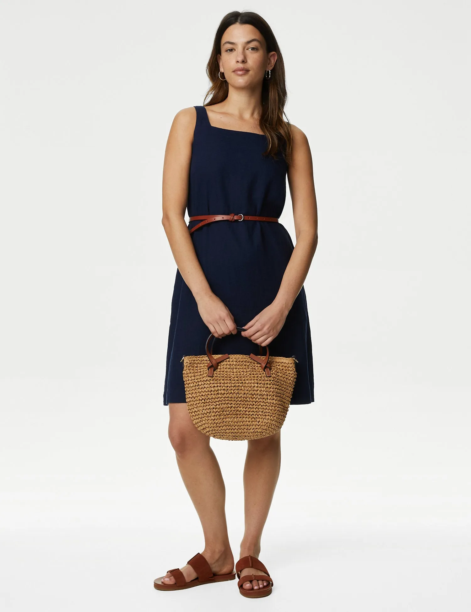 Linen Rich Square Neck Mini Shift Dress