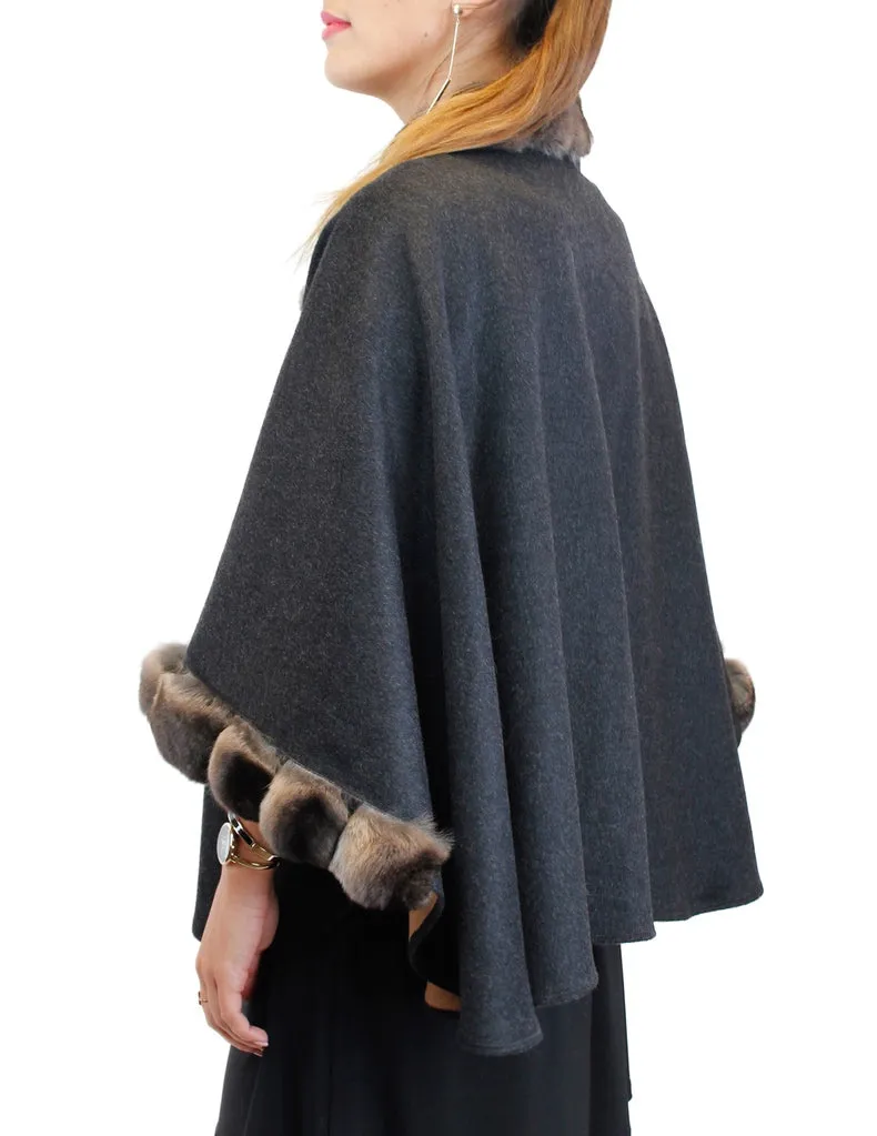 <b>REVERSIBLE</b> CASHMERE CAPE/PONCHO WITH BROWN CHINCHILLA FUR TRIM