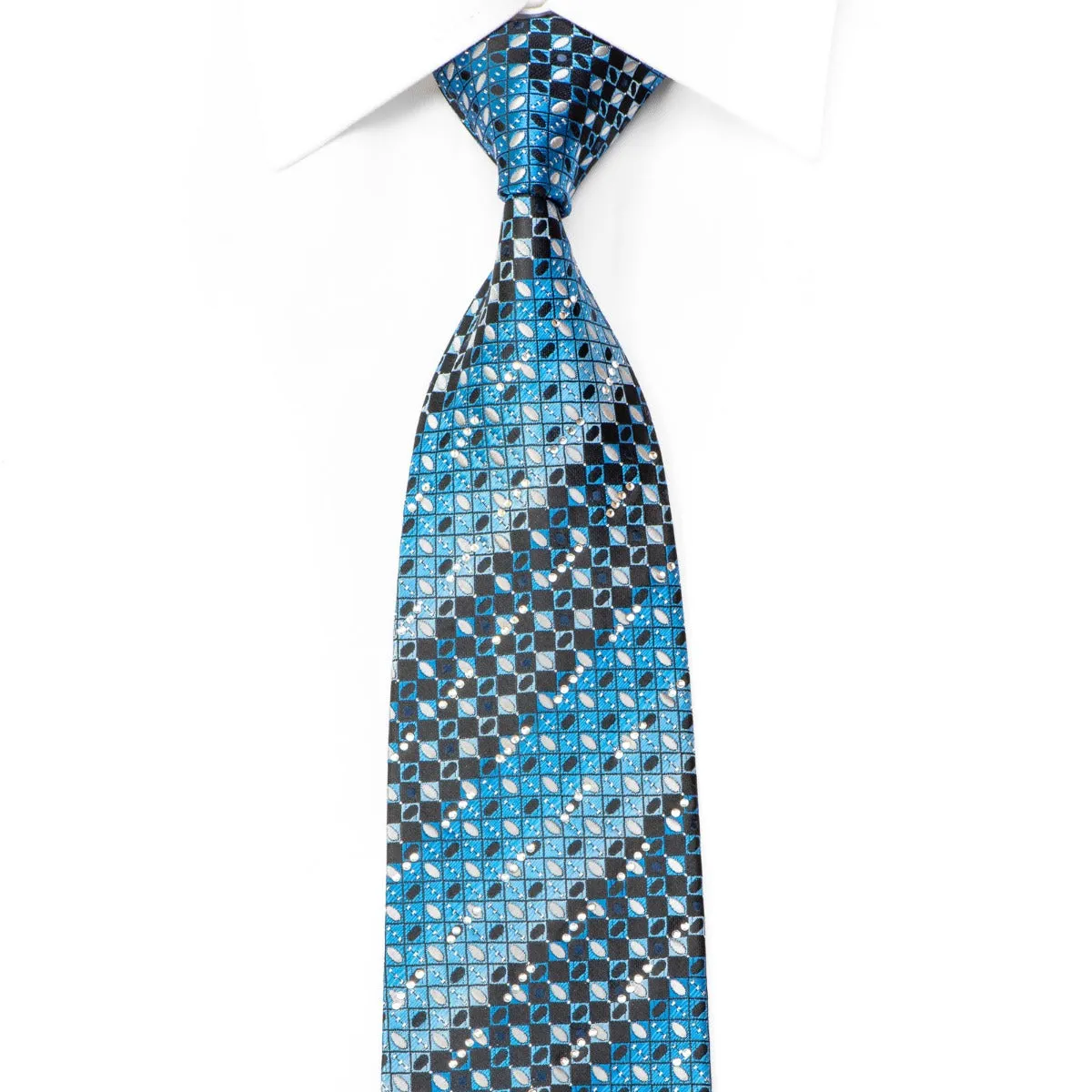 Manzini Neckwear Rhinestone Tie Blue Checkered On Black With Silver Sparkles