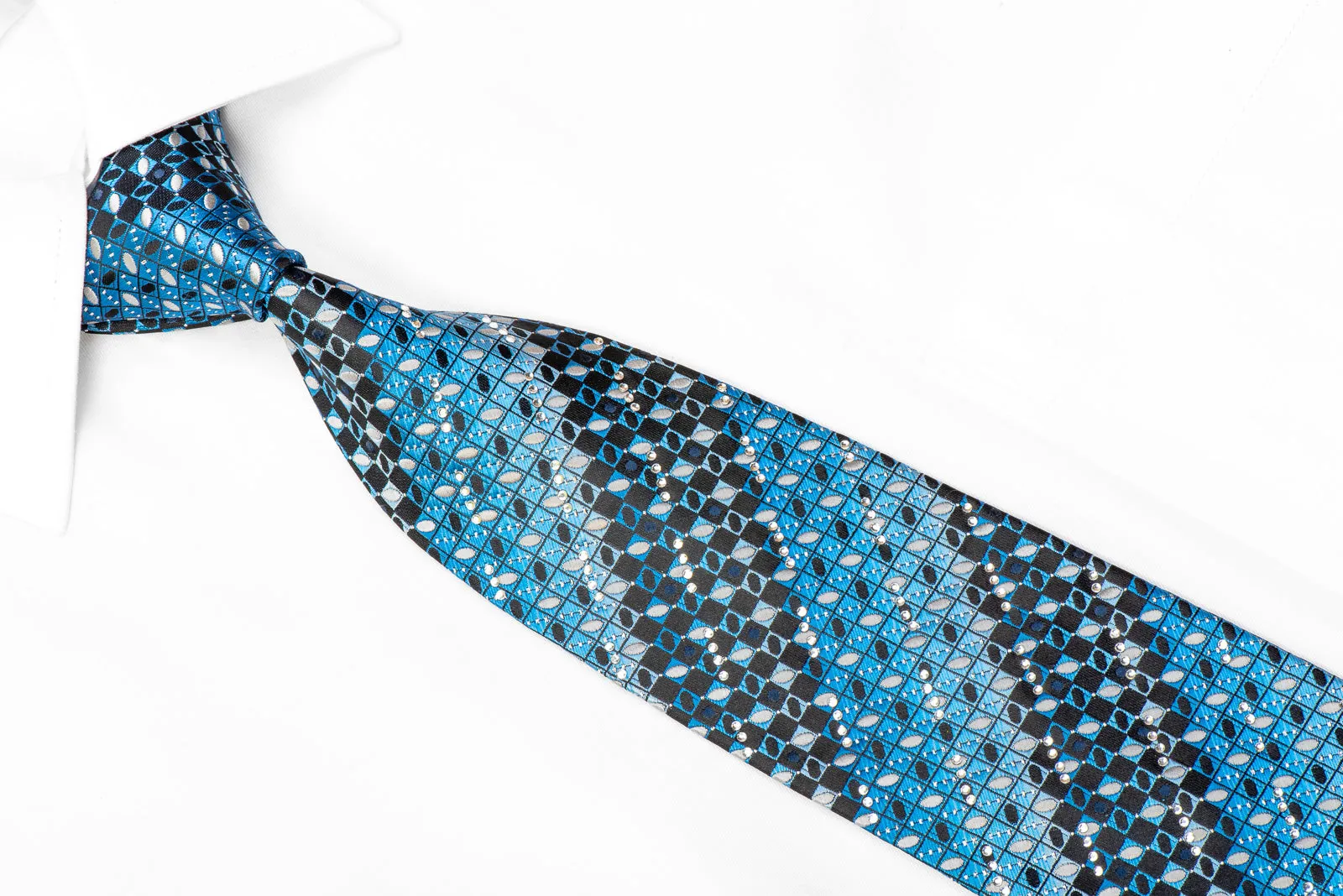 Manzini Neckwear Rhinestone Tie Blue Checkered On Black With Silver Sparkles