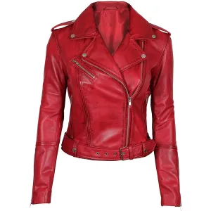 Margaret Red Leather Asymmetrical Women's Slim Fit Biker Jacket