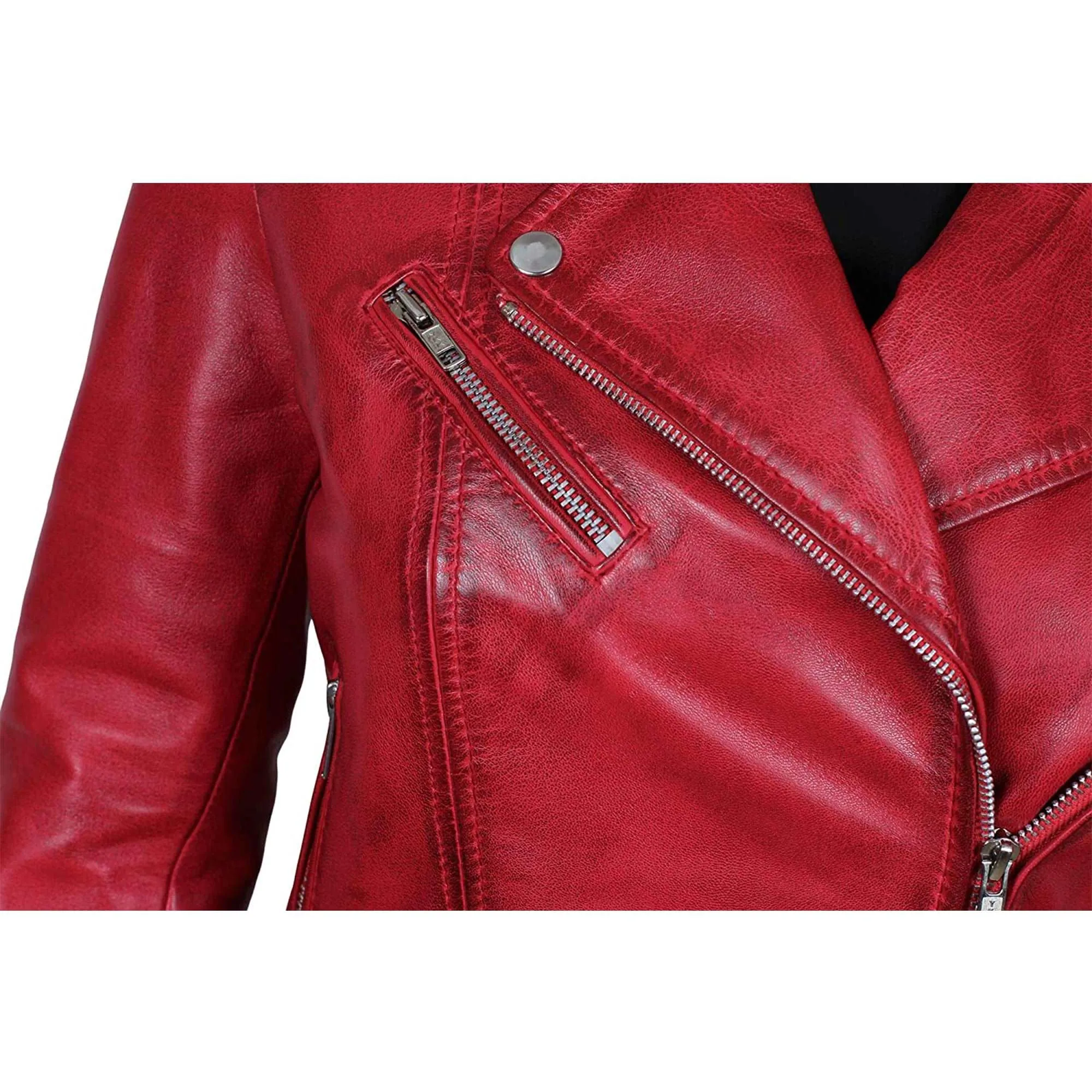 Margaret Red Leather Asymmetrical Women's Slim Fit Biker Jacket