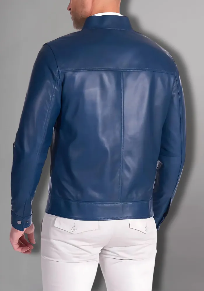 Mens Blue Biker Vintage Cafe Racer Genuine Leather Jacket