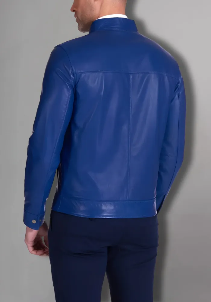 Mens Blue Biker Vintage Cafe Racer Genuine Leather Jacket