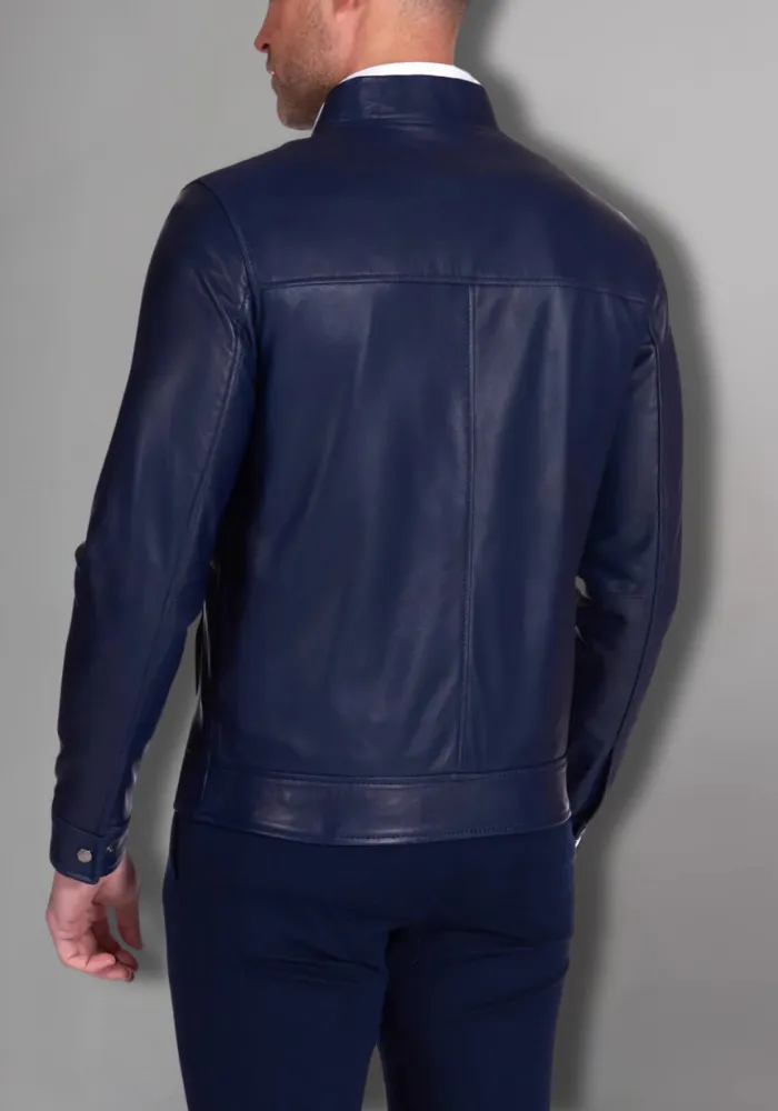 Mens Blue Biker Vintage Cafe Racer Genuine Leather Jacket