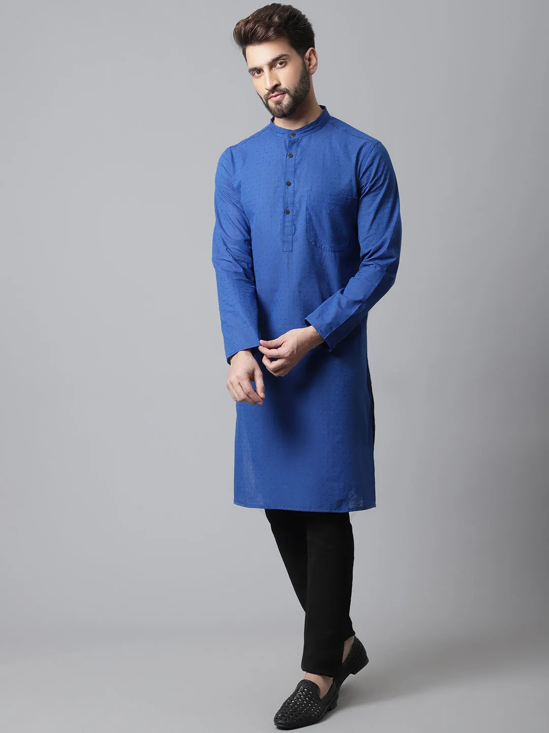 Men's Blue Solid Kurta With Band Collar - Even Apparels