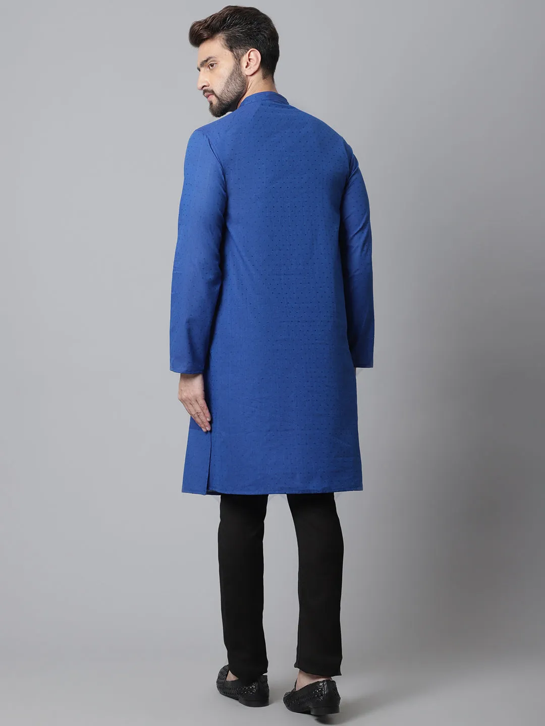 Men's Blue Solid Kurta With Band Collar - Even Apparels