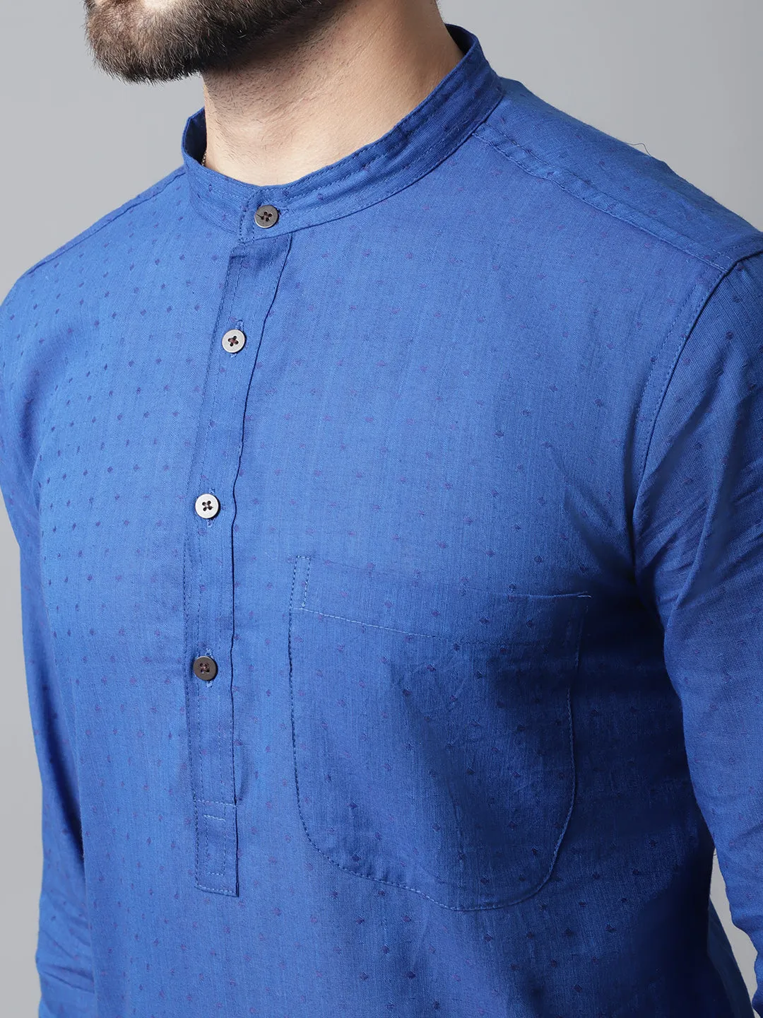 Men's Blue Solid Kurta With Band Collar - Even Apparels