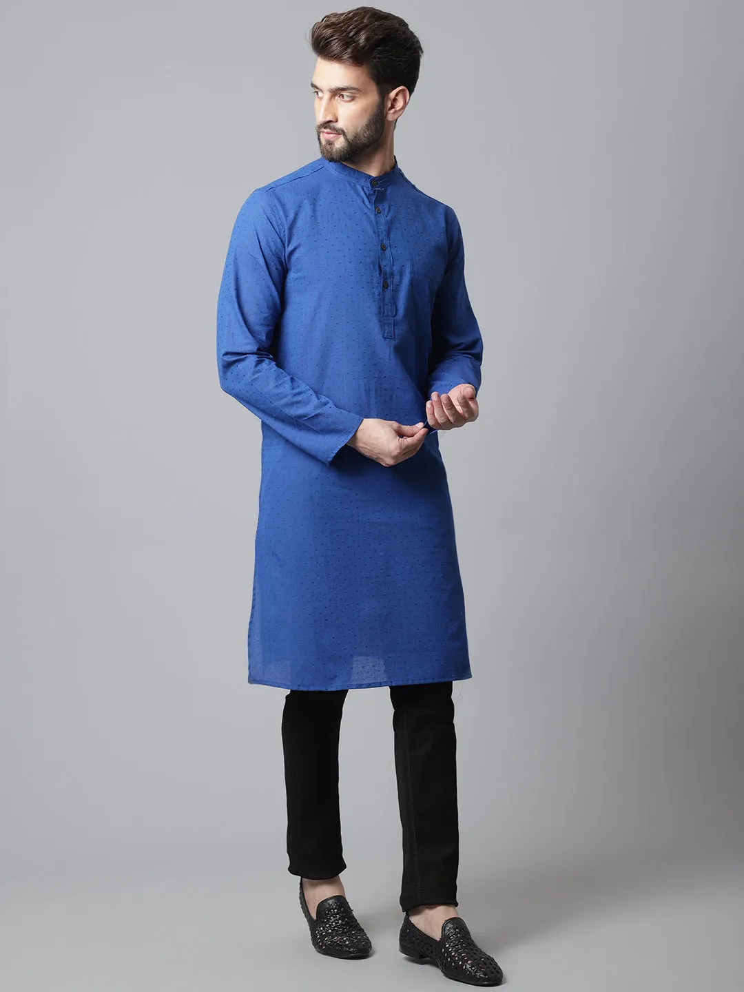 Men's Blue Solid Kurta With Band Collar - Even Apparels