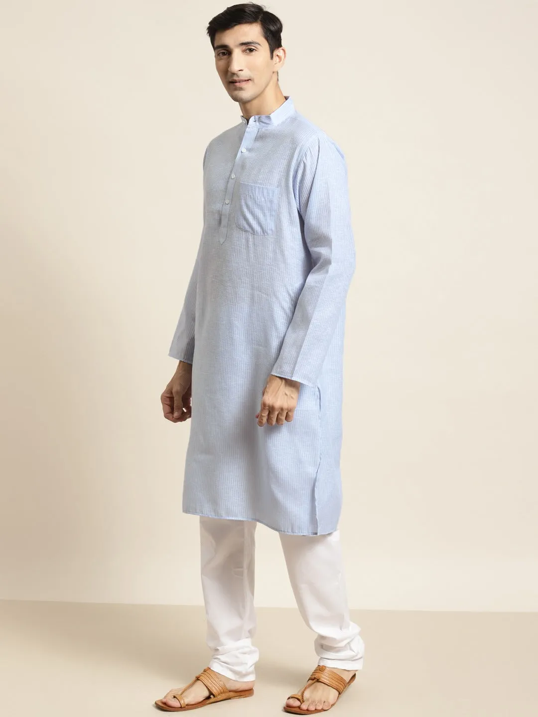 Men's Cotton Sky Blue Striped Kurta & White Churidar Pyjama Set - Sojanya